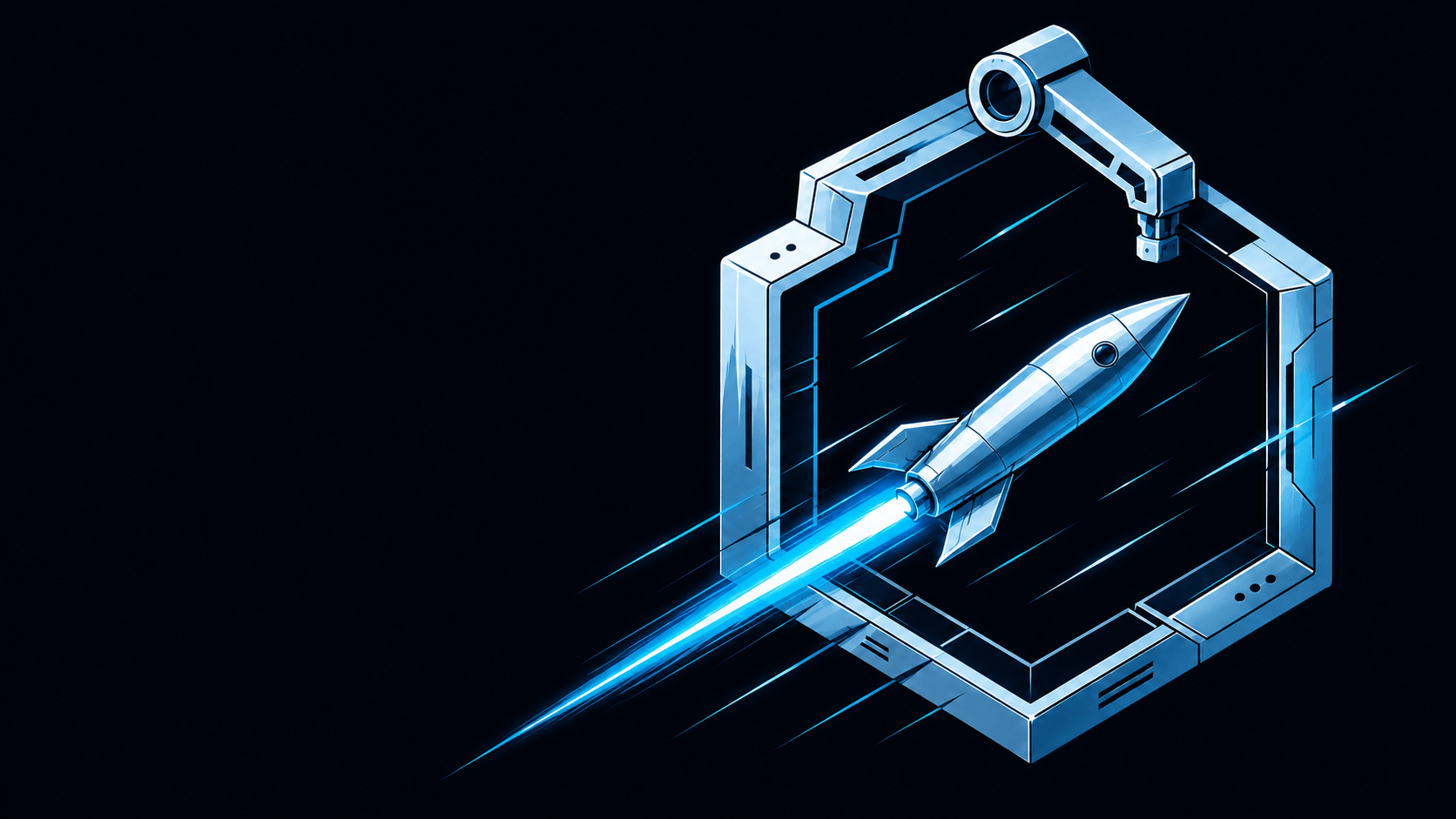 The StarWright mark: a chrome hexagonal orbital drydock with a rocket firing blue exhaust through the frame.